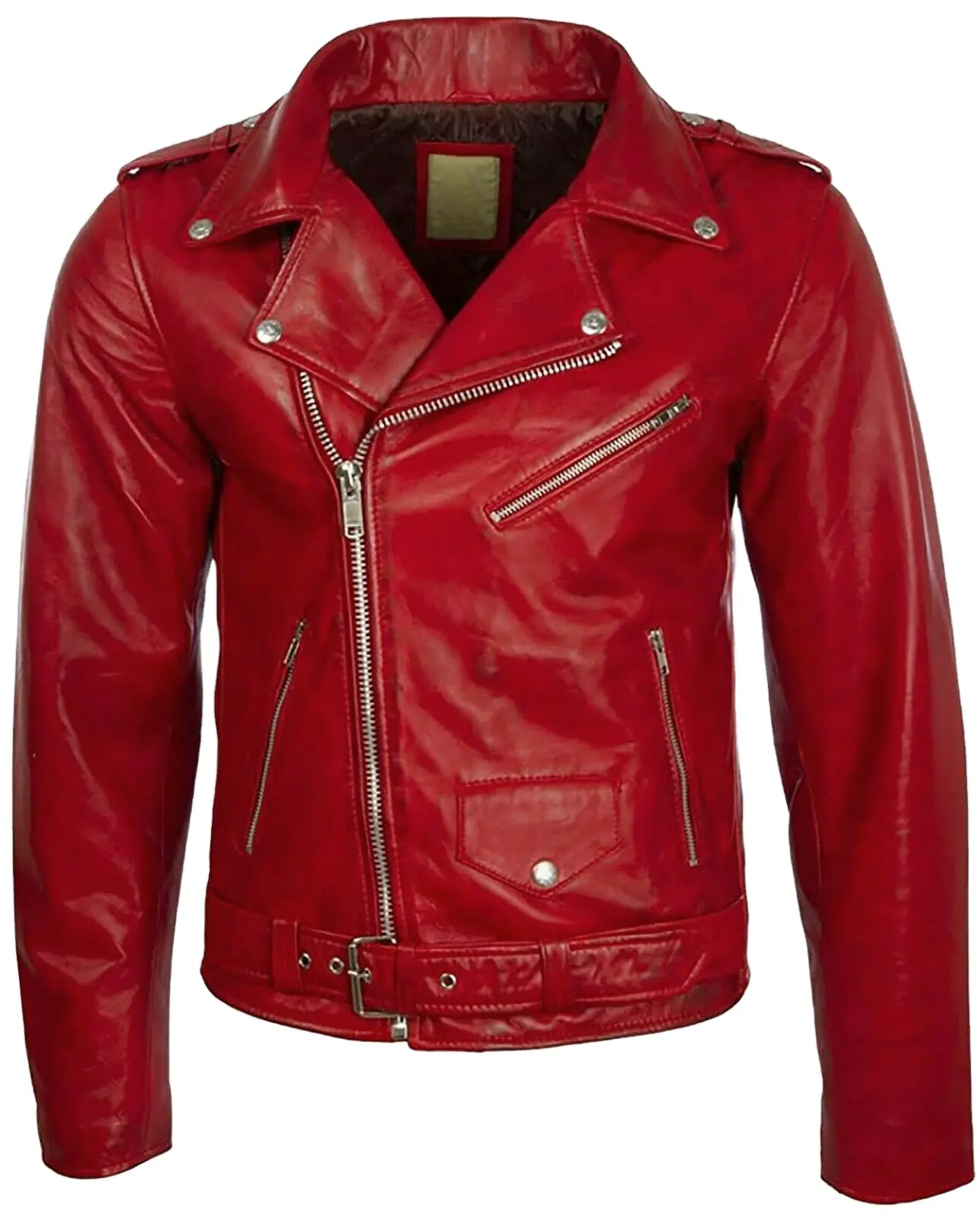 Mens Biker Jacket Zipper Motorbike Cowhide Fashion Collar Biker Leather Jacket RED