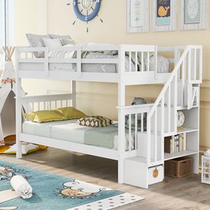 Letto a castello bianco a due piazze con contenitore e sponda di protezione per cameretta bambini/dormitorio (vecchio SKU LP000109AAK) - Product Image 1