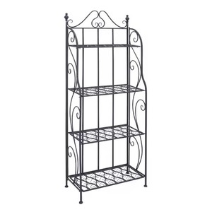 Soporte para plantas de hierro oscuro antiguo de primera calidad, con 4 niveles escalonados y detalles de volutas laterales, para balcón. - Product Image 1