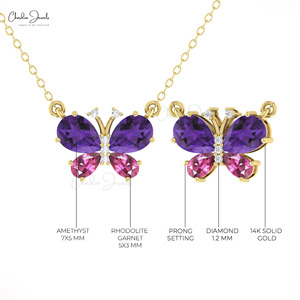 Nouveau Collier Papillon en Améthyste et Grenat Rhodolite 7x5mm, Or Massif 14 carats, Inspiré des Diamants, Bijou Tendance - Product Image 6
