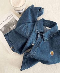 Chemise en jean pour garçon, manches longues, coton, couleur unie, col rabattu, détail patch, printemps automne, hauts pour enfants - Product Image 5
