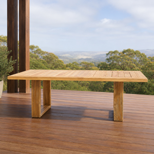 Ensemble de meubles de salle à manger en teck moderne - Table en bois massif avec pieds courbés et plateau rectangulaire pour une utilisation en intérieur/extérieur - Product Image 3