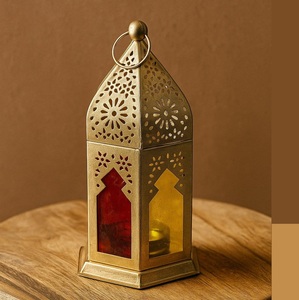 Kraft World LI-430 Handmade Eco-Friendly Portable Golden Perforated Metal <b>Lantern</b> <b>Lamp</b> Moroccan Lattice Cutwork Tea Light Holder - Product Image 5