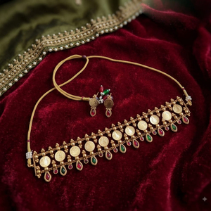 JeweleMarket Traditional <b>Indian</b> Gold Plated Alloy Coin <b>Necklace</b> Matching Earrings <b>Set</b> Crystal Rhinestone | Ethnic Bridal Jewelry - Product Image 1