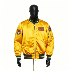 Custom Logo Men's <b>Retro</b> Souvenir Satin Flight Varsity <b>Jacket</b> <b>Leather</b> Chest Patch Striped Cuff Embroidered Letterman Bomber Coat - Product Image 1