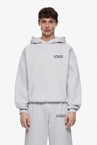 Survêtement unisexe gris en coton anti-plis léger, coupe ample longue, à capuche, couleur unie, tenue décontractée d'automne avec logo imprimé - Product Image 5
