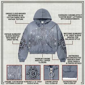 Sweat à capuche zippé personnalisé pour homme, coupe ample, effet vieilli, avec motif en strass, en molleton épais, style streetwear vintage, surdimensionné, OEM - Product Image 3