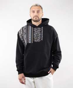 Sudadera con Capucha Negra para Hombre con Patrón Geométrico Bordado, Corte Regular, Estilo Casual, Ropa de Otoño - Product Image 1
