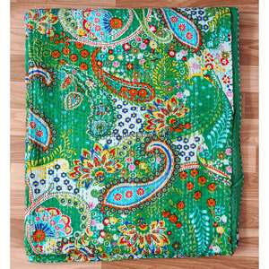 Couette Kantha indienne de luxe, faite à la main, en coton imprimé à la main, motif paisley vert, taille Queen, lavable, réversible, écologique, pour usage domestique - Product Image 6