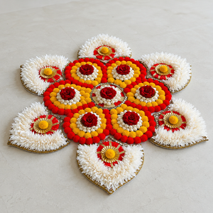 Tapis Rangoli Floral Fait Main Rouge Jaune Blanc Rose Pompon Or Décoration pour Diwali Mariage Puja Décoration de Sol - Product Image 2