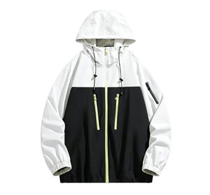 Veste coupe-vent à capuche pour homme personnalisée, color-block blanc et noir, enduite de PU, fermeture éclair, décontractée, pour le printemps et les activités de plein air - Product Image 3