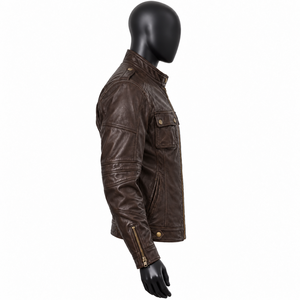 Chaqueta Bomber de Cuero Marrón para Hombre, Cuello Camisero, Cierre de Cremallera, Dos Bolsillos, Corte Ajustado, Manga Regular, Invierno, Ecológica, Casual - Product Image 5
