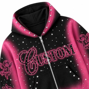 Sweat à capuche personnalisé avec strass, dégradé noir et rose, fermeture éclair, coupe ample, unisexe, streetwear, vêtements d'automne - Product Image 5