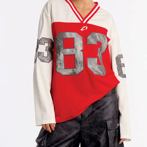Trendy Women Cut and Sew Panel <b>Red</b> White American Football Jersey Oversized Streetwear Long Sleeve Polyester OEM Sports Teamwear - Product Image 4