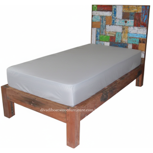 Cama Individual de Madera de Barco Reciclada con Cabecero, Diseño Patchwork, Color Original, Mueble Sostenible Hecho a Mano para Dormitorio - Product Image 4