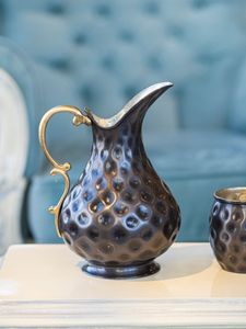 Metal Pitcher With Hammered Texture And Golden Handle Home Drinkware - Product Image 1