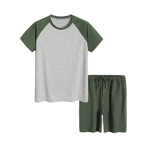 Men's Summer Casual 2-Piece <b>Set</b> Gray Green Color Blocking T-Shirt Shorts Crew Neck <b>Knitted</b> Breathable Cotton Athletic Wear - Product Image 1