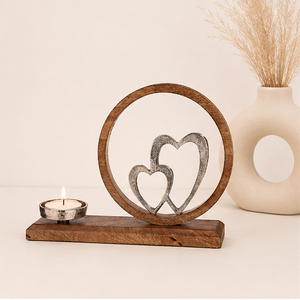 Handmade Rustic Mango Wood Candle Holder With Decorative Metal Double Hearts Elegant Silver & Brown Tealight <b>Stand</b> For Home - Product Image 4