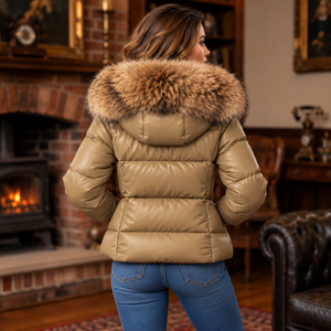 Women Leather Puffer Jacket with <b>Fox</b> <b>Fur</b> Hood | Women's Luxury Winter Coat , Lederjacken Damen, Gift <b>For</b> Her - Product Image 2