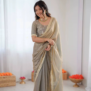 Satrani Women's Shimmer <b>Tissue</b> Gota Lace Ready To Wear Saree with Unstitched Blouse Piece - Product Image 1