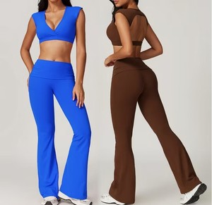 High Waist Yoga Set With Deep V Neck Crop Top And Full Length <b>Flared</b> <b>Leggings</b> Seamless Four-Way Stretch Solid Color Sport Wear - Product Image 1