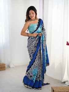 Sari indien pour femme, bleu, imprimé floral et zèbre, en polyester, coupe droite, longueur ras du sol, style ethnique, pour tenue décontractée - Product Image 2