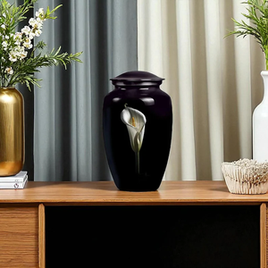 Black Enamel Cremation Urn Metal Ashes <b>Memorial</b> Vessel Calla Lily Decorative Burial <b>Keepsake</b> for Adult - Product Image 5