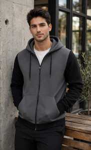 Men's Grey <b>Black</b> Color Block <b>Zip</b> <b>Up</b> <b>Hoodie</b> Raglan Sleeve Hooded Casual Sweatshirt - Product Image 4