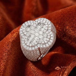 Anillo de Plata de Ley 925 con Moissanita y Trébol, Banda de Halo Baguette Pavé, Joyería Hip Hop para Hombre, Miami Chicago USA, Regalo - Product Image 4