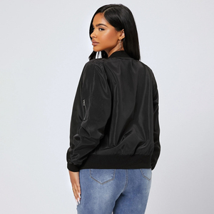 Chaqueta bomber de color sólido para mujer, para uso diario, con cremallera, dobladillo y cuello acanalados. - Product Image 2