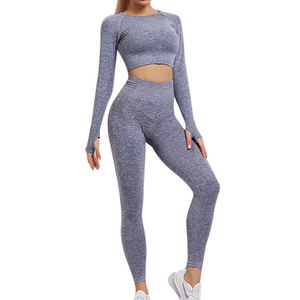 Ensemble de sport de haute qualité : leggings et soutien-gorge froncés, vêtements de yoga à manches longues, ensemble 2 pièces pour femmes - Product Image 4