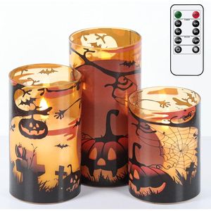 Lot de 3 bougies LED citrouille orange sans flamme pour Halloween, à piles avec télécommande et minuterie pour décorations festives - Product Image 2
