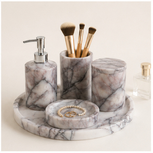 Luxury 5-Piece Natural Marble Bathroom Accessories Set Elegant Handmade White Stone Soap Dispenser <b>Toothbrush</b> <b>Holder</b> For Hotel - Product Image 3