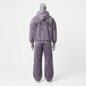 Men Acid Wash <b>Oversized</b> Zip Up Hoodie and Wide Leg <b>Sweatpants</b> Two Piece Tracksuit Set - Product Image 4