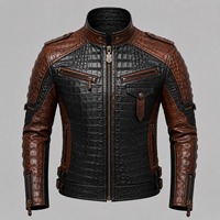 Blouson de moto en cuir véritable pour homme, motif crocodile embossé, marron noir, col montant, coupe ajustée, coupe-vent, fermeture éclair