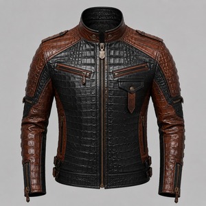 Blouson de moto en cuir véritable pour homme, motif crocodile embossé, marron noir, col montant, coupe ajustée, coupe-vent, fermeture éclair - Product Image 3