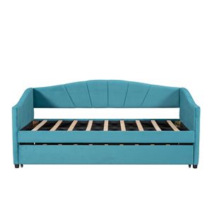 Divano letto imbottito blu a una piazza e mezza con letto estraibile e doghe in legno - Mobili imbottiti - Product Image 4