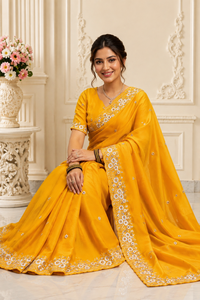 Sari en soie jaune AARA Fashion, broderie florale, tenue de mariage traditionnelle pour femmes, longueur au sol, coupe classique, style indien pakistanais - Product Image 2