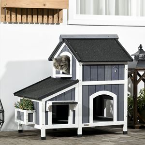 Casetta per Gatti Randagi a 2 Piani da Esterno, Tetto Resistente alle Intemperie, Finestra in Legno, Grande Rifugio per Gatti Stile Villa Resistente alle Intemperie, Vaso per Fiori - Product Image 2
