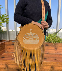 Popular Luxury Women's Boot Stitch Hand-Tooled Suede Leather Round Shoulder Bags Cowhide Circle Fringe Crossbody Trendy Handbags - Product Image 2