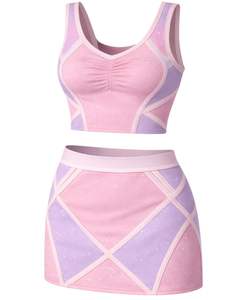 ชุดเซ็ตทูพีซสีชมพูลาเวนเดอร์สำหรับผู้หญิง เสื้อครอปแขนกุดคอกว้าง แต่งลายพิมพ์ กระโปรงมินิสั้นเอวสูงทรงเข้ารูป เหมาะสำหรับใส่ในช่วงฤดูร้อน - Product Image 1