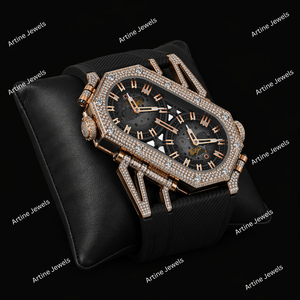 Rose Gold Dual Dial Skeleton Diamond <b>Watch</b> <b>Black</b> Strap Sparkling Luxury Timepiece Bold Modern Fashion Gift For Men Daily Wear - Product Image 2