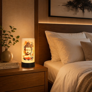 Lampe de table LED imprimée Bouddha avec abat-jour en lin |   Lampe de chevet pour la méditation spirituelle |   Décoration de salon, décoration intérieure, ambiance chaleureuse - Product Image 3