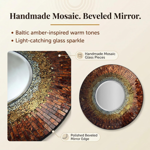Miroir rond en mosaïque de cuivre brun avec cadre en verre texturé or et argent, miroir décoratif circulaire de luxe pour un style moderne - Product Image 5