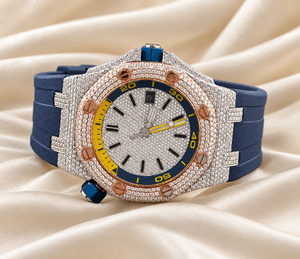 Montre analogique à quartz pour homme Raj Gems, incrustée de diamants, boîtier en cristal saphir 46 mm, bracelet en silicone bleu, luxe et mode mixte - Product Image 5