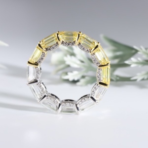 Emerald Cut Yellow and White Eternity Two Tone Half Canary Lab Grown Diamond Gold Wedding Bands Women Multi Stone <b>Fine</b> Gift <b>Ring</b> - Product Image 3