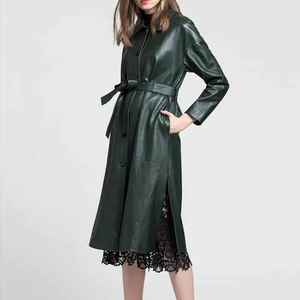 Gabardina Midi Verde de Cuero Genuino, Transpirable y Resistente al Viento, con Cinturón y Ribete de Encaje, Estilo Minimalista, Ropa Exterior Unisex de Invierno - Product Image 3