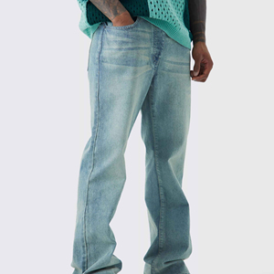 Jean en denim ample et droit pour homme, style streetwear, 100 % coton respirant, coupe décontractée, imperméable, couleur délavée vintage, OEM - Product Image 1