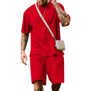 Conjunto de Camiseta y Pantalones Cortos de Punto Acanalado Azul para Hombre, Cuello Redondo, Color Sólido, Estilo Casual de Verano, Transpirable y Cómodo - Product Image 2