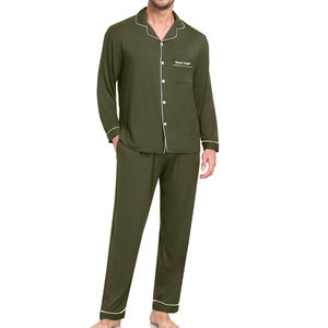 Ensemble de pyjama vert olive à manches longues pour hommes, avec bordure blanche et poche avant, vêtements de nuit décontractés, vêtements d'automne - Product Image 1